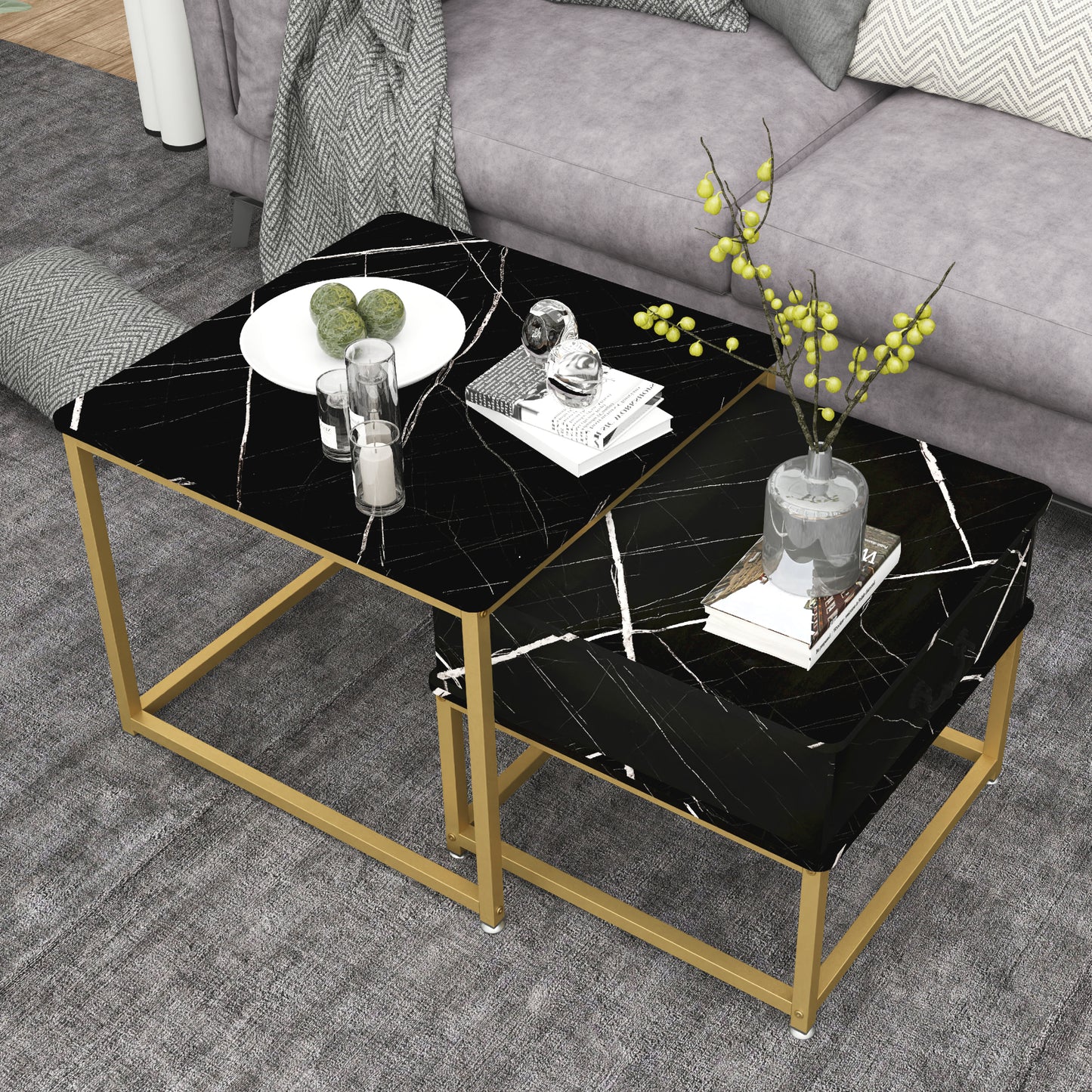 Furnivado Nesting Coffee Tables Set of 2, Black Marble Nesting Side Tables, Nesting End Table with Drawer Storage,Nesting Tables with Metal Frame for Living Room, Bedroom, Black