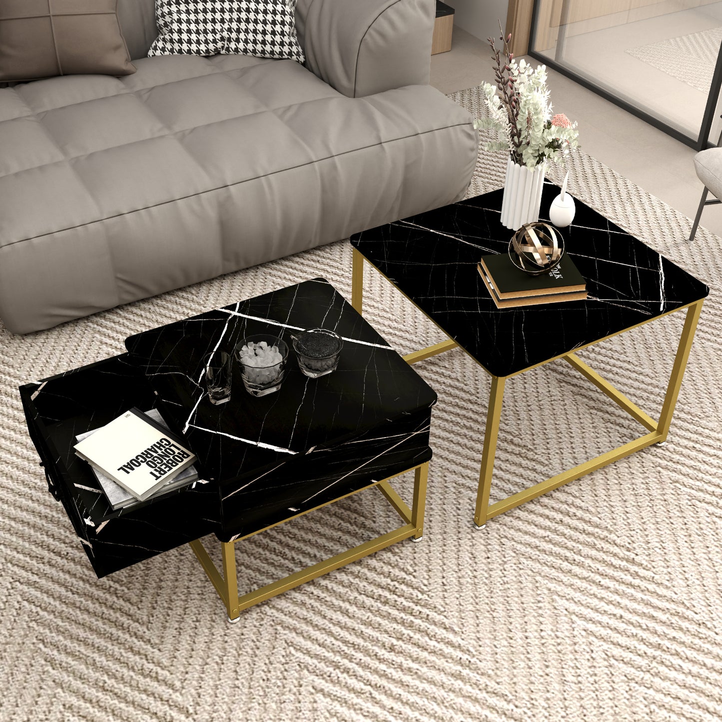 Furnivado Nesting Coffee Tables Set of 2, Black Marble Nesting Side Tables, Nesting End Table with Drawer Storage,Nesting Tables with Metal Frame for Living Room, Bedroom, Black