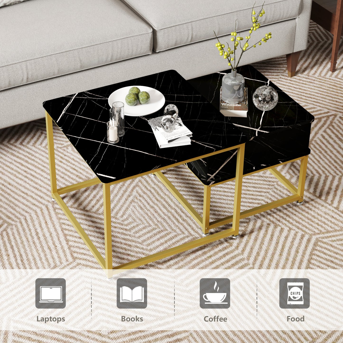 Furnivado Nesting Coffee Tables Set of 2, Black Marble Nesting Side Tables, Nesting End Table with Drawer Storage,Nesting Tables with Metal Frame for Living Room, Bedroom, Black