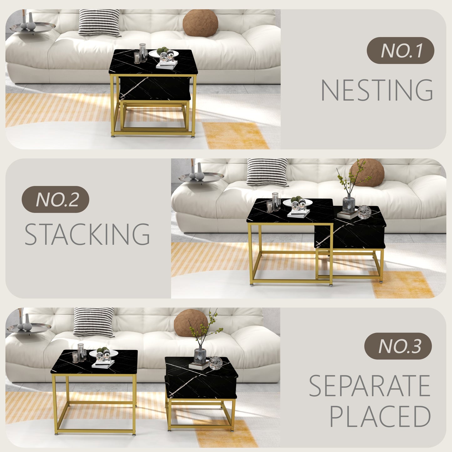 Furnivado Nesting Coffee Tables Set of 2, Black Marble Nesting Side Tables, Nesting End Table with Drawer Storage,Nesting Tables with Metal Frame for Living Room, Bedroom, Black