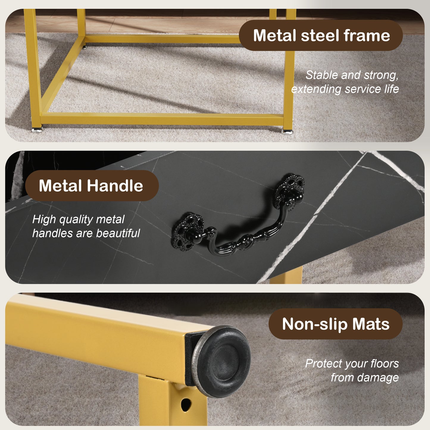 Furnivado Nesting Coffee Tables Set of 2, Black Marble Nesting Side Tables, Nesting End Table with Drawer Storage,Nesting Tables with Metal Frame for Living Room, Bedroom, Black