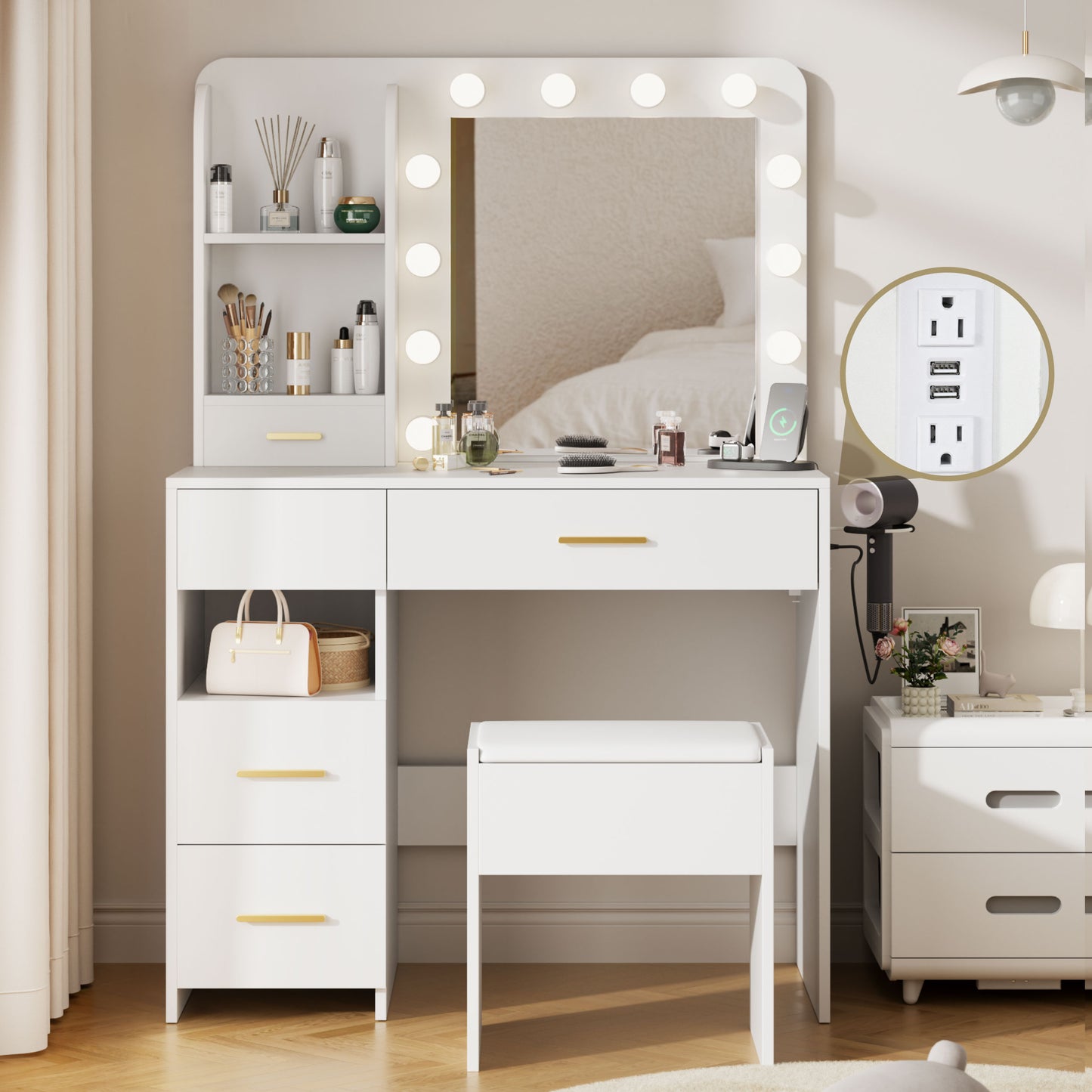 FURNIVADO Vanity Desk with LED Lighted Mirror, Makeup Vanity Desk with 3 Adjustable Lighting and 3 Storage Shelves, 5 Large Drawers and Storage Stool, Vanity with Power Outlet for Bedroom, White