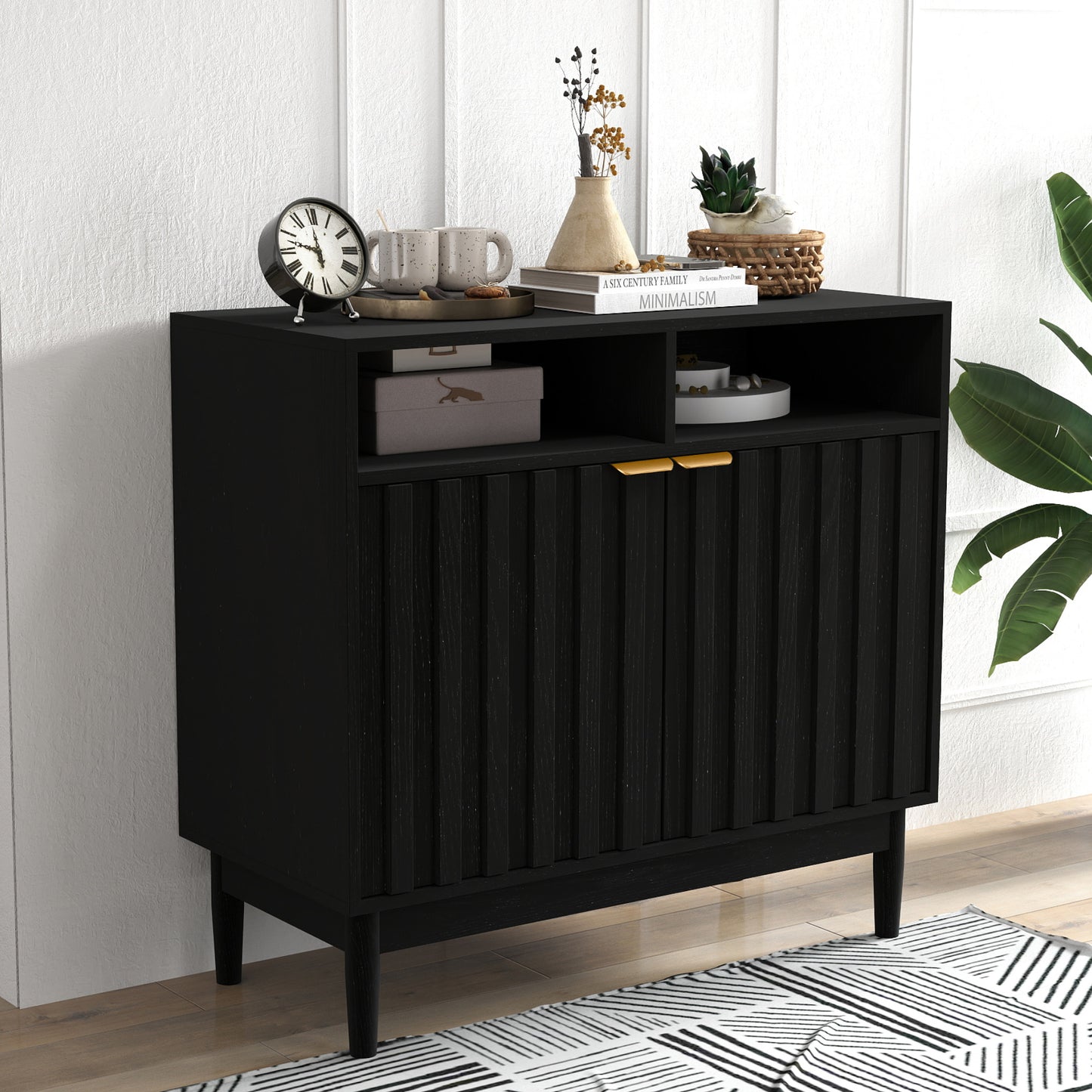 Furnivado Buffet Cabinet with Storage, Sideboard with Adjustable Shelves, Sideboard Cabinet with Fluted Door, Kitchen Buffet Storage Cabinet with Open Storage for Living Room, Entry, Hallway, Black