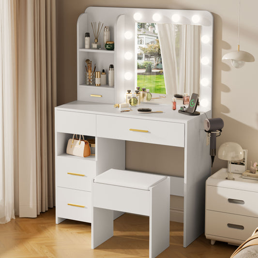 FURNIVADO Vanity Desk with LED Lighted Mirror, Makeup Vanity Desk with 3 Adjustable Lighting and 3 Storage Shelves, 5 Large Drawers and Storage Stool, Vanity with Power Outlet for Bedroom, White