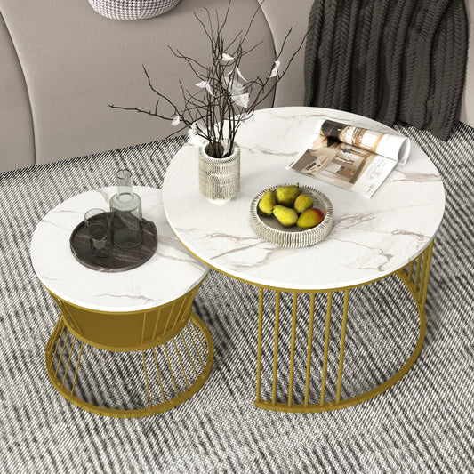 Furnivado Round Nesting Coffee Tables Set of 2, White Marble Nesting Side Tables, Nesting End Table with Metal Frame for Living Room, Bedroom, White