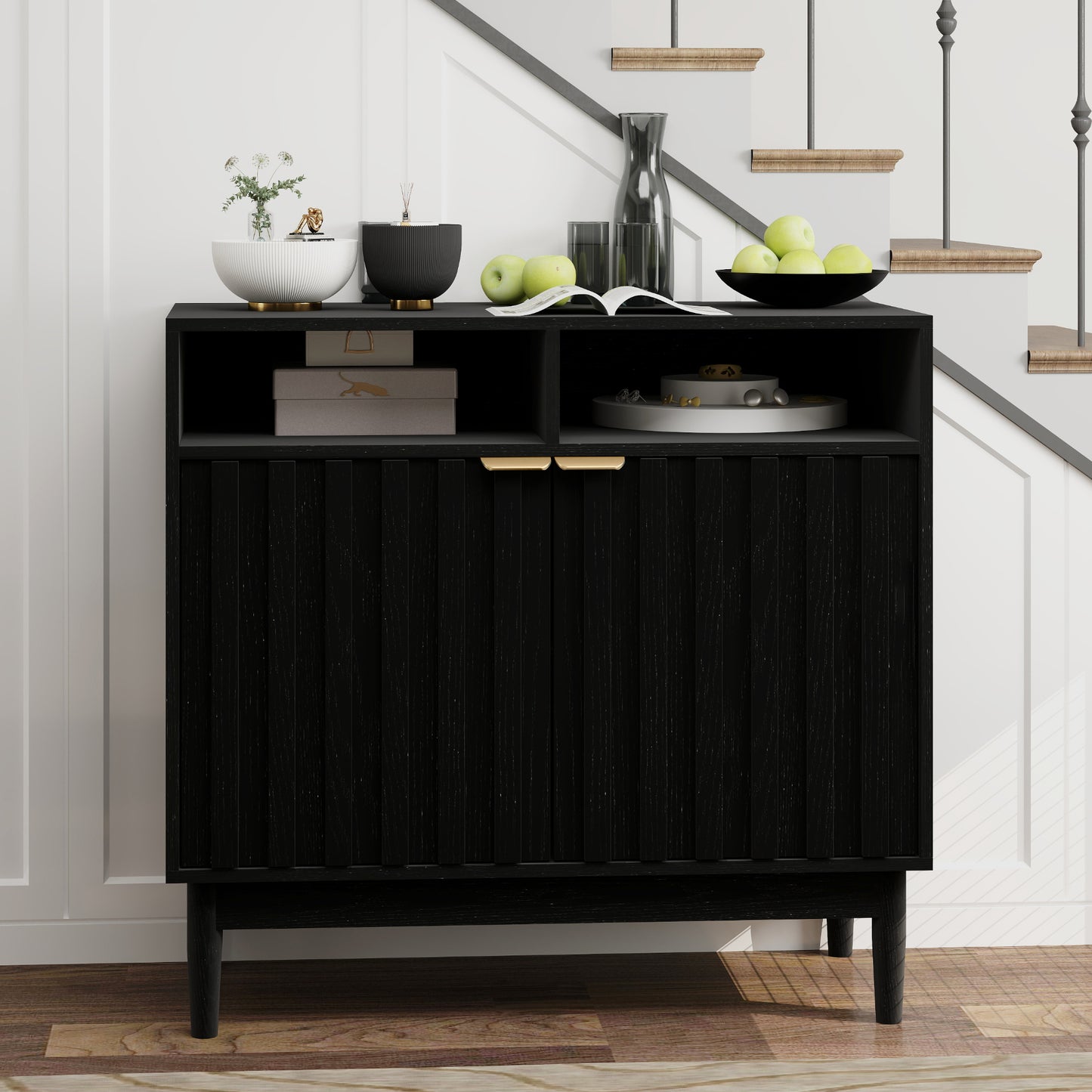 Furnivado Buffet Cabinet with Storage, Sideboard with Adjustable Shelves, Sideboard Cabinet with Fluted Door, Kitchen Buffet Storage Cabinet with Open Storage for Living Room, Entry, Hallway, Black